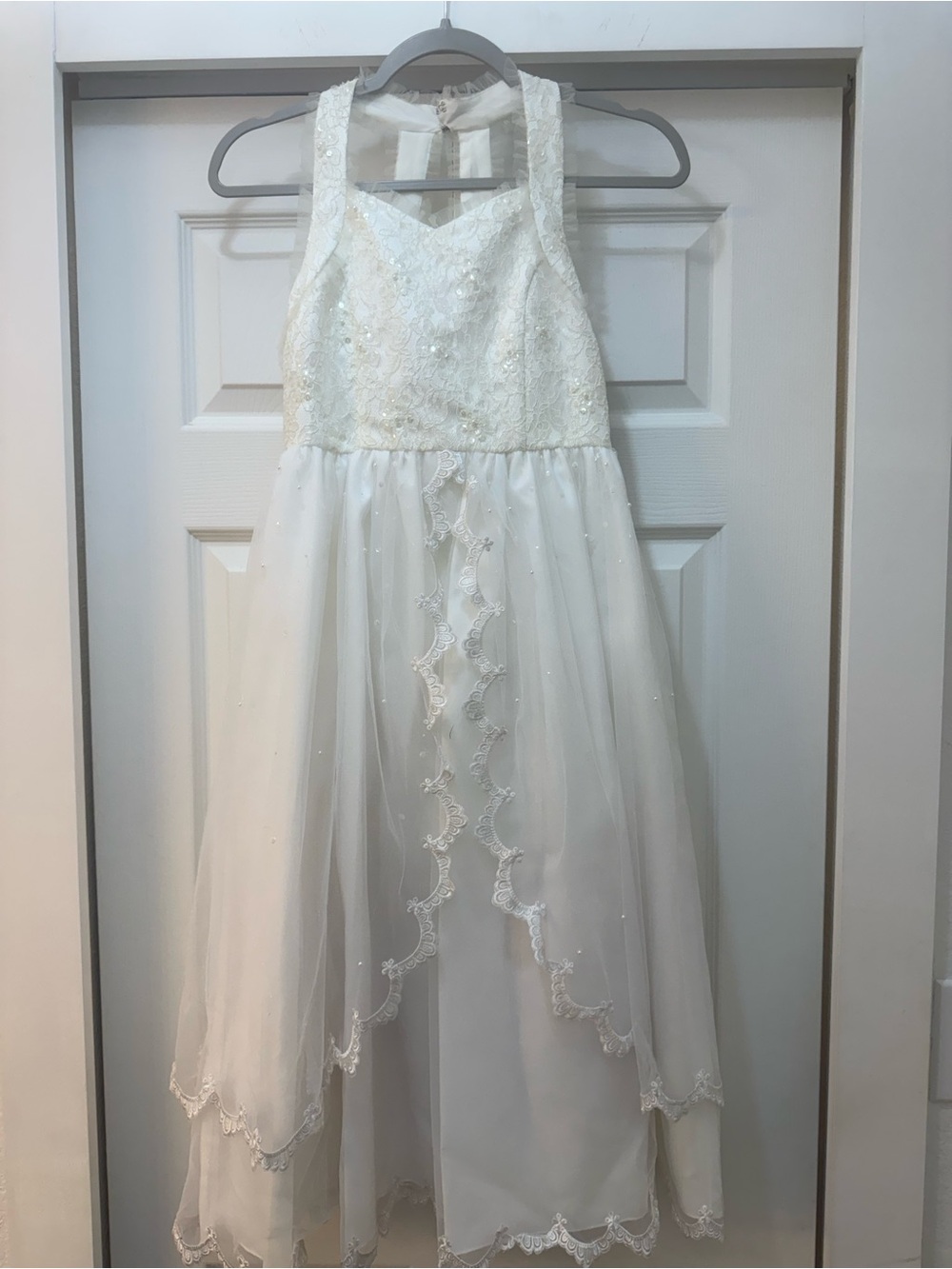 Girls' White Lace Flower Girl Dress - Elegant Halter Style, Communion, Size 12